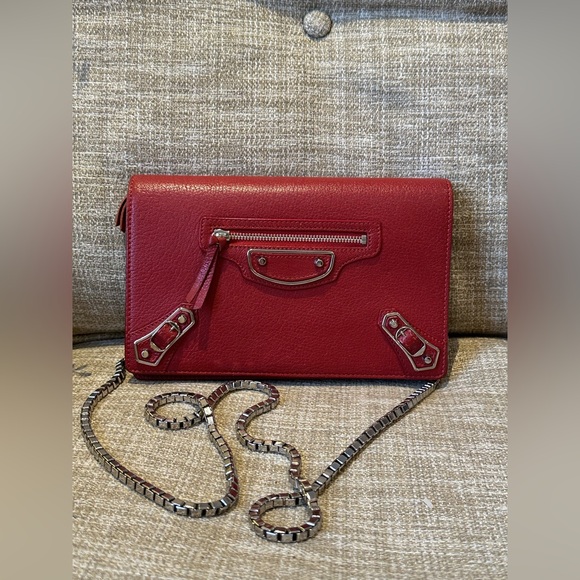 Balenciaga Handbags - Balenciaga Red Lambskin Leather Metallic Edge Wallet On Chain Bag